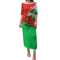 Long red and green dress with Pride Cymru 2023 print and Welsh red dragon