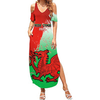 Women’s red-green off-shoulder maxi dress with dragon graphic and side slit