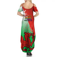 Women’s red-green backless cold-shoulder maxi dress with dragon print