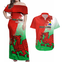 Custom Pride Cymru Couples Matching Off Shoulder Maxi Dress and Hawaiian Shirt 2023 Wales LGBT With Welsh Red Dragon - Wonder Print Shop