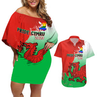 Custom Pride Cymru Couples Matching Off Shoulder Short Dress and Hawaiian Shirt 2023 Wales LGBT With Welsh Red Dragon - Wonder Print Shop