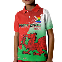 Kids red and green polo shirt with collar, Pride Cymru 2023 graphic and dragon