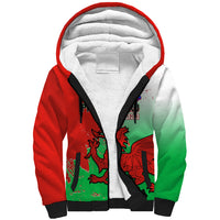 Red sherpa hoodie with white sherpa-lined hood and black zipper, dragon graphic front