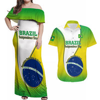 Couples matching set with off-shoulder maxi dress and Hawaiian shirt, green/yellow Brazil print