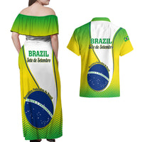 Couples matching set with back of off-shoulder maxi dress and Hawaiian shirt, Brazil print