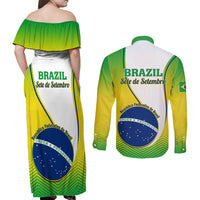 Matching off-shoulder maxi dress and long-sleeve button shirt set, back views with Brazil graphic