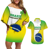 Matching off-shoulder short dress and Hawaiian shirt, green/yellow Brazil Independence Day print