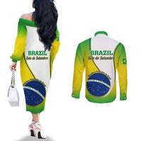 Matching off-shoulder dress and button shirt set, green/yellow back print