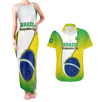 Green/white tank maxi dress and collared Hawaiian shirt set with Brazil Independence Day graphic