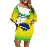 Women’s off-shoulder short dress, green and yellow graphic front with Brazil emblem