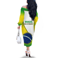 Off-shoulder long-sleeve dress, back view with Brazil Independence Day print, green/yellow