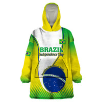 Brazil wearable blanket hoodie with green/yellow hood and front Independence Day graphic