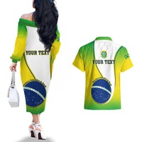 Back view of matching dress and short-sleeve shirt set with 'YOUR TEXT' Brazil print.