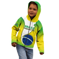 Kids green zip hoodie on child, Brazil Independence Day print with blue circle emblem