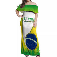 Green off-shoulder maxi dress with white center panel, Brazil Independence Day print and blue seal