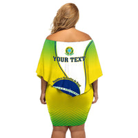 Off-shoulder short dress with Brazil flag graphic and 'YOUR TEXT' on back, green yellow