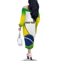 Women’s off-shoulder long-sleeve dress, white with green/yellow sleeves and large graphic panel