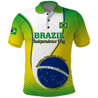 Brazil-themed green and white polo shirt with Independence Day print and Brazilian flag patch