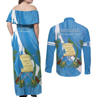Guatemala Independence Day Couples Matching Off Shoulder Maxi Dress and Long Sleeve Button Shirt Coat Of Arms With Resplendent Quetzal Grunge Style - Wonder Print Shop