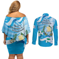 Guatemala Independence Day Couples Matching Off Shoulder Short Dress and Long Sleeve Button Shirt Since 1821 Coat Of Arms With Tikal - Wonder Print Shop
