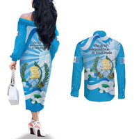 Guatemala Independence Day Couples Matching Off The Shoulder Long Sleeve Dress and Long Sleeve Button Shirt Since 1821 Coat Of Arms With Tikal