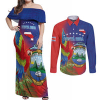Personalized Costa Rica Independence Day Couples Matching Off Shoulder Maxi Dress and Long Sleeve Button Shirt Scarlet Macaw Parrot With Coat Of Arms - Wonder Print Shop