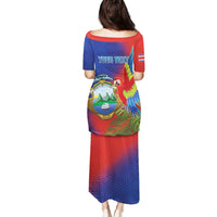 Personalized Costa Rica Independence Day Family Matching Puletasi and Hawaiian Shirt Scarlet Macaw Parrot With Coat Of Arms - Wonder Print Shop