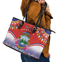 Personalized Costa Rica Independence Day Leather Tote Bag Guaria Morada With Folk Pattern - Wonder Print Shop