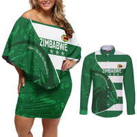 Zimbabwe Rugby Custom Couples Matching Off Shoulder Short Dress and Long Sleeve Button Shirt Sables 3rd Champions Proud - Wonder Print Shop