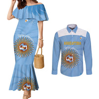 Custom Argentina Football Couples Matching Mermaid Dress and Long Sleeve Button Shirt Vamos La Albiceleste Blue Version - Wonder Print Shop