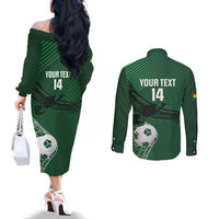 Custom Bolivia Football Couples Matching Off The Shoulder Long Sleeve Dress and Long Sleeve Button Shirt Vamos La Verde - Wonder Print Shop
