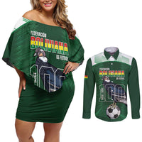 Custom Bolivia Football Couples Matching Off Shoulder Short Dress and Long Sleeve Button Shirt 100th Anniversary Andean Condor Proud - Wonder Print Shop