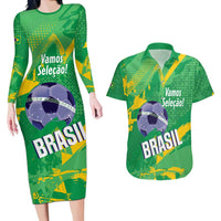 Custom Brazil Football Couples Matching Long Sleeve Bodycon Dress and Hawaiian Shirt Vamos Selecao Brushes Style - Wonder Print Shop