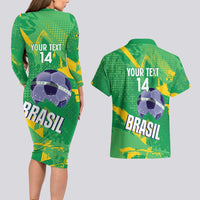 Custom Brazil Football Couples Matching Long Sleeve Bodycon Dress and Hawaiian Shirt Vamos Selecao Brushes Style - Wonder Print Shop