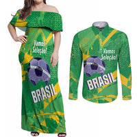 Custom Brazil Football Couples Matching Off Shoulder Maxi Dress and Long Sleeve Button Shirt Vamos Selecao Brushes Style - Wonder Print Shop