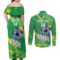 Custom Brazil Football Couples Matching Off Shoulder Maxi Dress and Long Sleeve Button Shirt Vamos Selecao Brushes Style - Wonder Print Shop