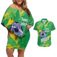 Custom Brazil Football Couples Matching Off Shoulder Short Dress and Hawaiian Shirt Vamos Selecao Brushes Style - Wonder Print Shop
