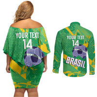 Custom Brazil Football Couples Matching Off Shoulder Short Dress and Long Sleeve Button Shirt Vamos Selecao Brushes Style - Wonder Print Shop