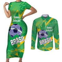 Custom Brazil Football Couples Matching Short Sleeve Bodycon Dress and Long Sleeve Button Shirt Vamos Selecao Brushes Style - Wonder Print Shop