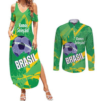 Custom Brazil Football Couples Matching Summer Maxi Dress and Long Sleeve Button Shirt Vamos Selecao Brushes Style - Wonder Print Shop