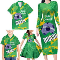 Custom Brazil Football Family Matching Long Sleeve Bodycon Dress and Hawaiian Shirt Vamos Selecao Brushes Style - Wonder Print Shop