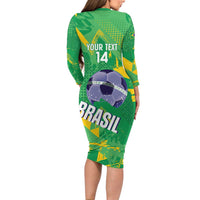Custom Brazil Football Family Matching Long Sleeve Bodycon Dress and Hawaiian Shirt Vamos Selecao Brushes Style - Wonder Print Shop