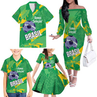 Custom Brazil Football Family Matching Off The Shoulder Long Sleeve Dress and Hawaiian Shirt Vamos Selecao Brushes Style - Wonder Print Shop