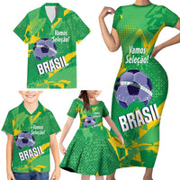 Custom Brazil Football Family Matching Short Sleeve Bodycon Dress and Hawaiian Shirt Vamos Selecao Brushes Style - Wonder Print Shop