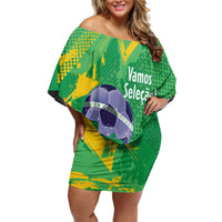 Custom Brazil Football Off Shoulder Short Dress Vamos Selecao Brushes Style - Wonder Print Shop