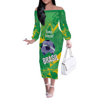 Custom Brazil Football Off The Shoulder Long Sleeve Dress Vamos Selecao Brushes Style - Wonder Print Shop