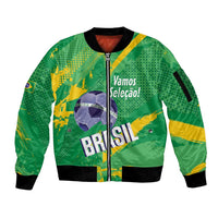 Custom Brazil Football Sleeve Zip Bomber Jacket Vamos Selecao Brushes Style - Wonder Print Shop