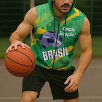 Custom Brazil Football Sleeveless Zip Hoodie Vamos Selecao Brushes Style - Wonder Print Shop