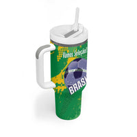 Custom Brazil Football Tumbler With Handle Vamos Selecao Brushes Style - Wonder Print Shop