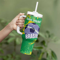 Custom Brazil Football Tumbler With Handle Vamos Selecao Brushes Style - Wonder Print Shop